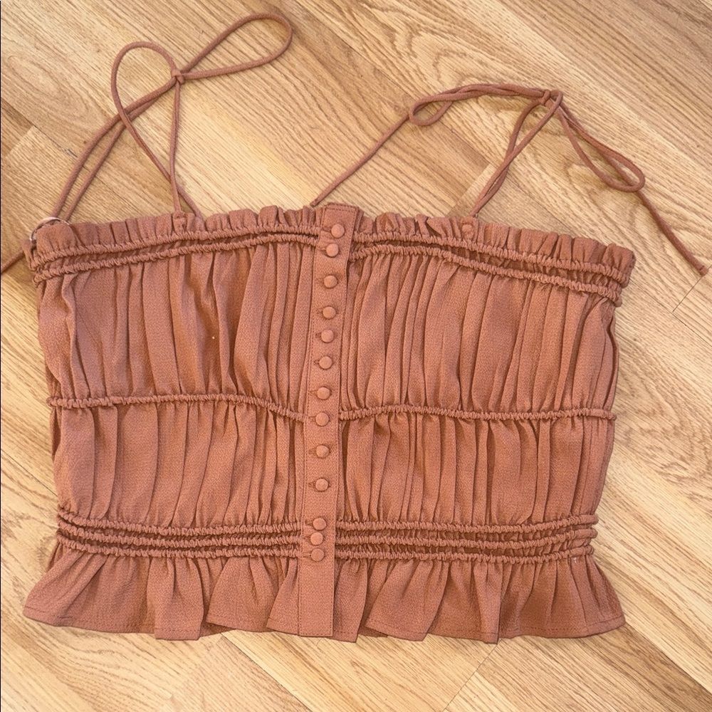 Amuse Society Brown Crop Top Fabric Buttons Tie Strings Medium